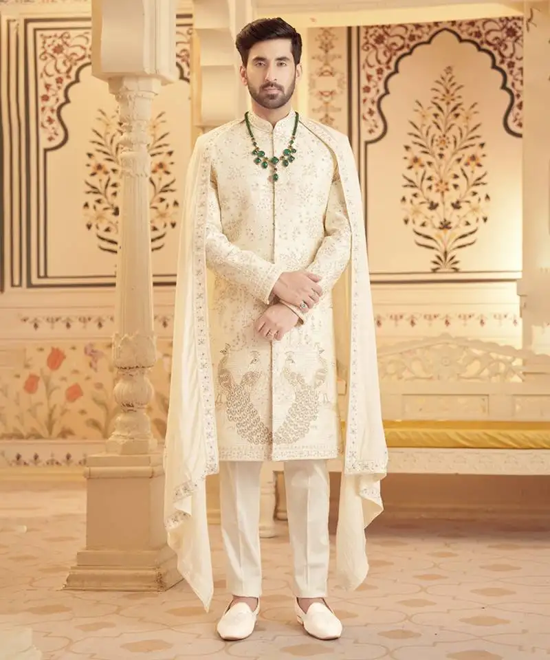White raw silk embroidered sherwani with shawl & pant
