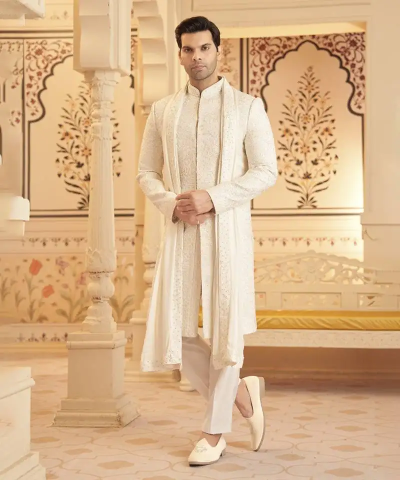 White chanderi silk embroidered sherwani with shawl and pant