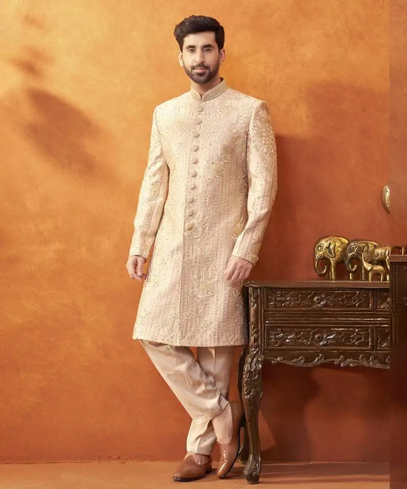 Beige satin embroidered sherwani & pant set