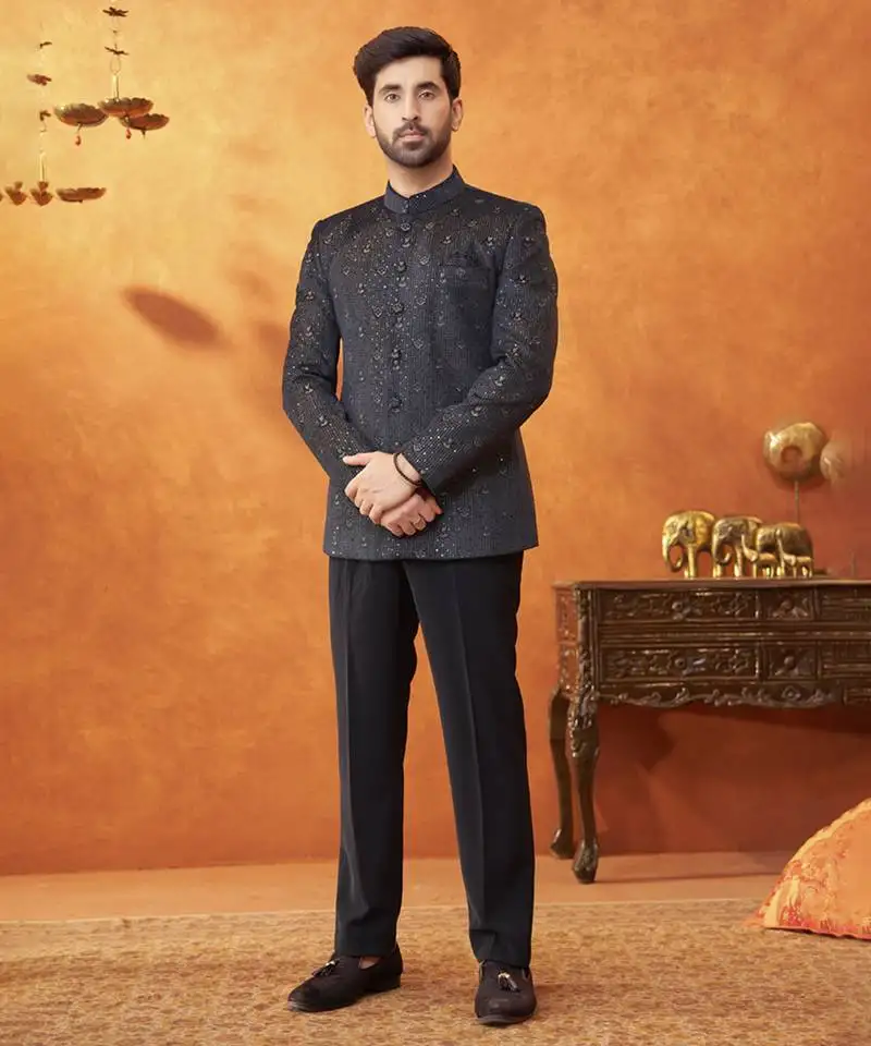 Blue banarasi silk embroidered bandhgala paired with pant