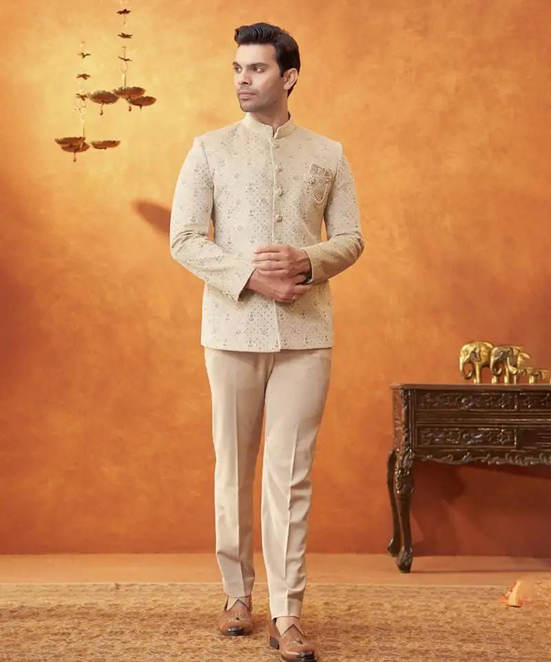Beige banarasi silk embroidered bandhgala paired with pant