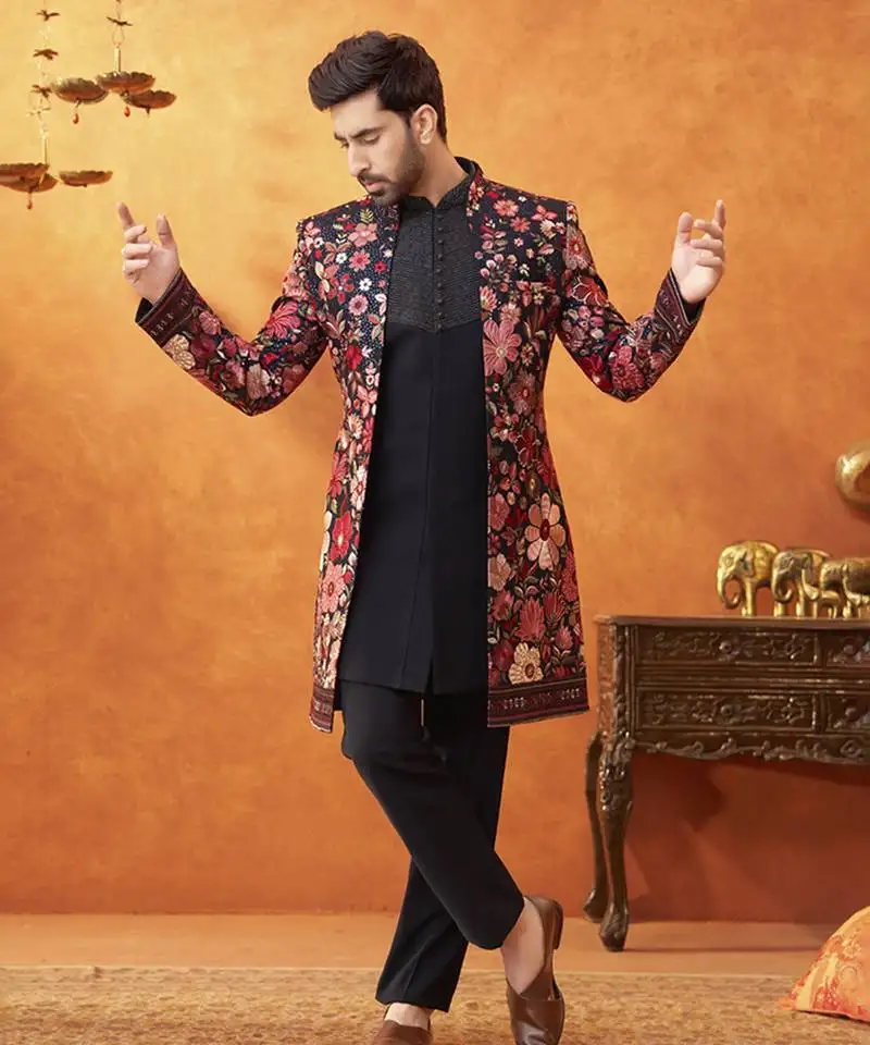 Multicolor georgette printed jacket set paired with sleeveless vest & pant