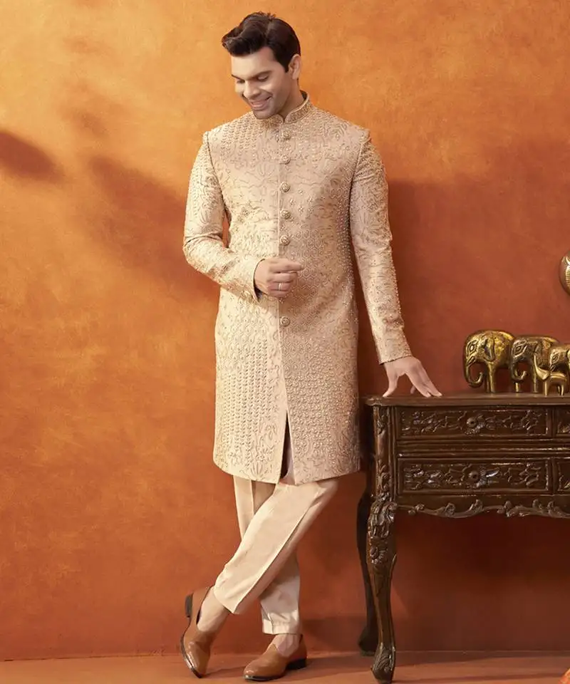 Beige satin embroidered sherwani with pant