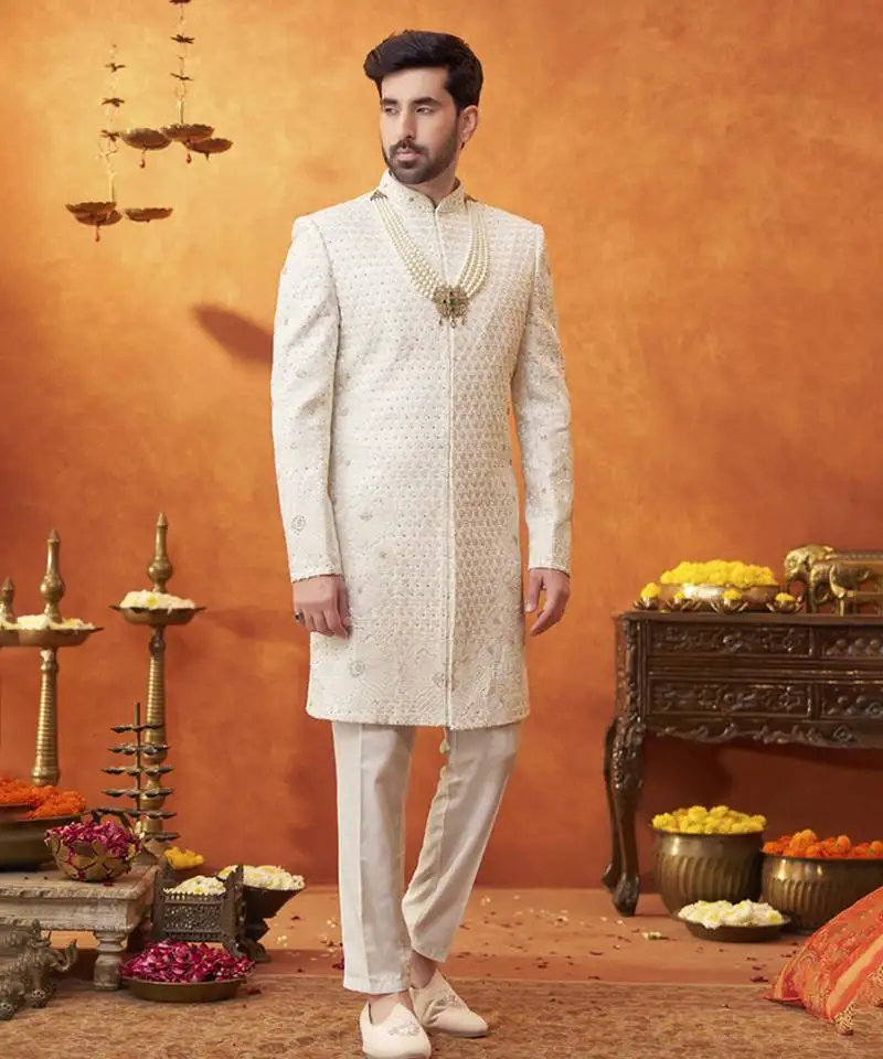 White chanderi silk embroidered sherwani and pant set