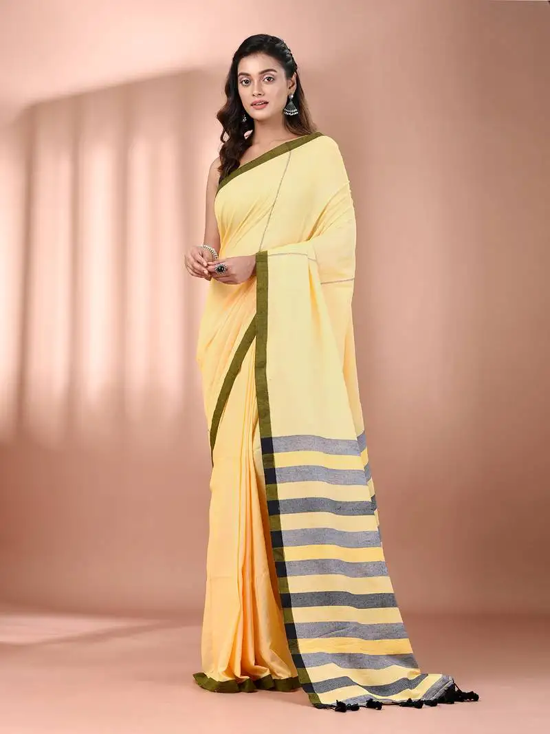 Yellow cotton soft saree with stripe pallu