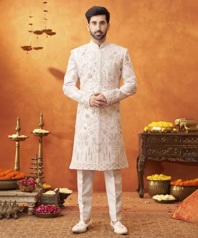 Lilac raw silk embroidered sherwani & pant set
