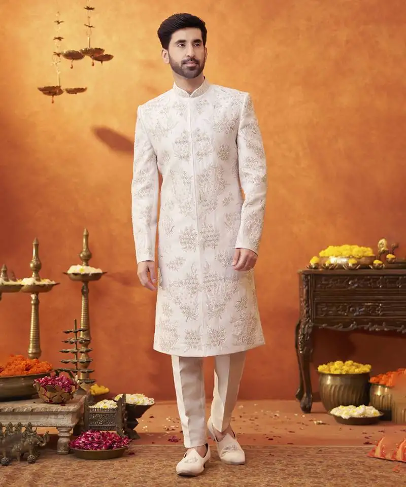 White silk embroidered sherwani & pant set