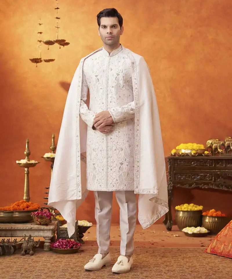 White silk embroidered sherwani with shawl & pant