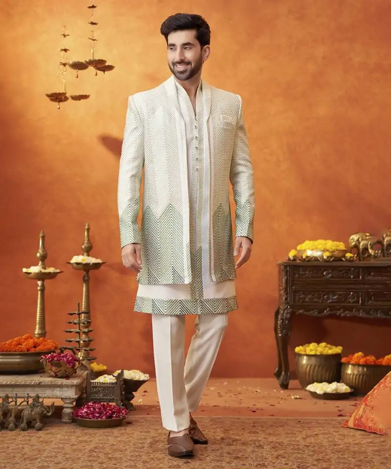 White chanderi silk plain jacket with kurta and pant