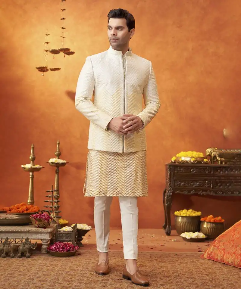 White chanderi silk plain jacket paired with kurta & pant