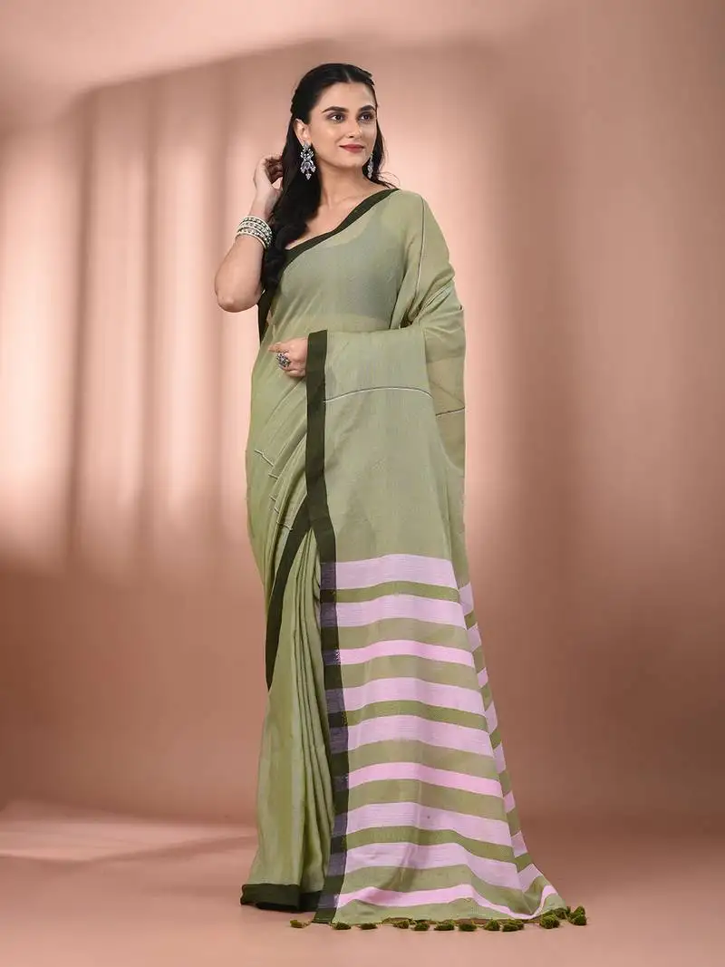 Olive green cotton soft saree with stripe pallu