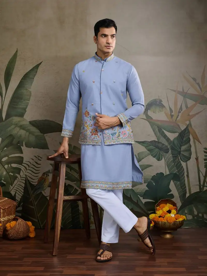 Sky blue cotton thread with sequins embroidered work wedding festival party wear straight kurta with jacket