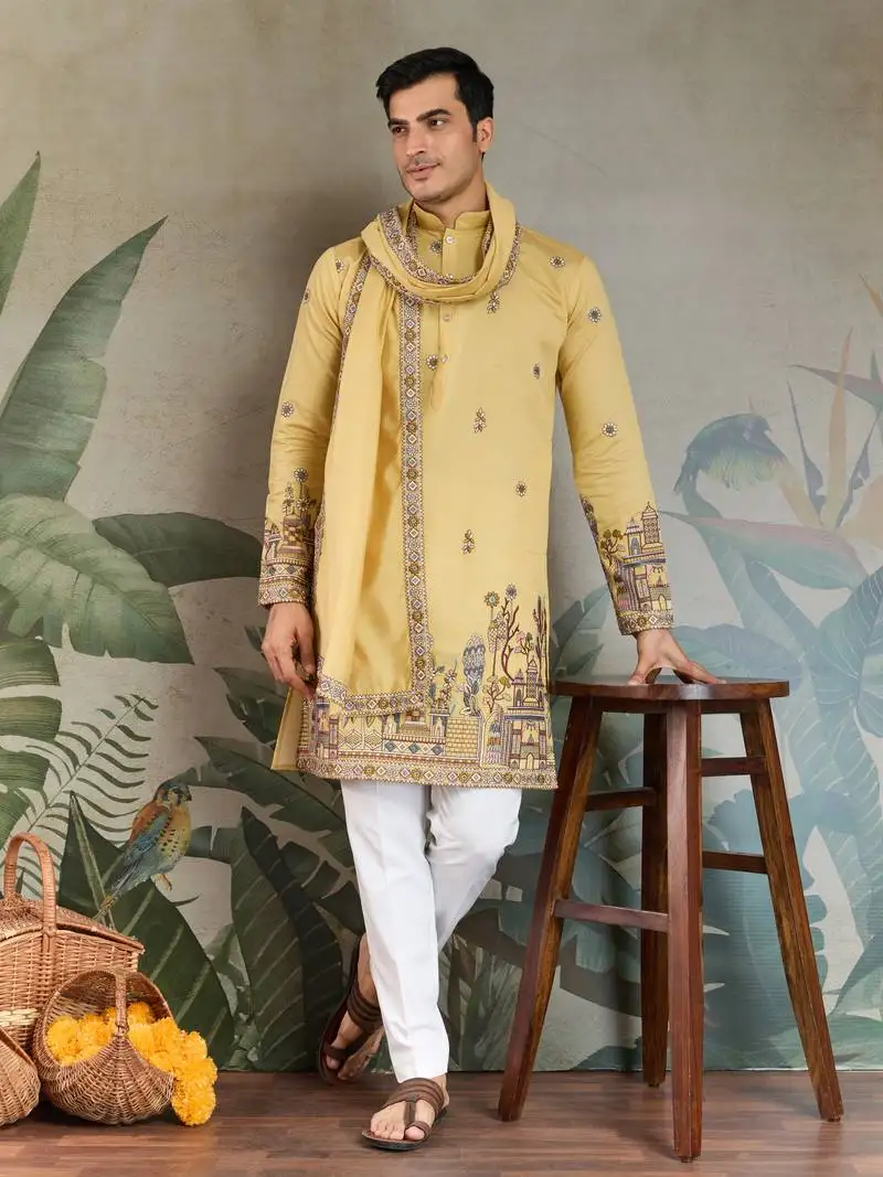 Yellow viscose silk thead with sequins embroidered work wedding function festival party wear straight kurta with dupatta