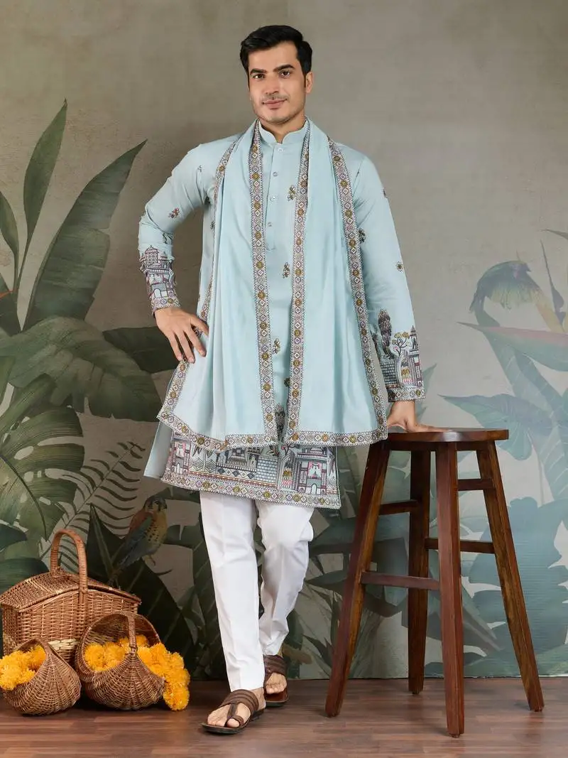 Sky blue viscose silk thead with sequins embroidered work wedding festival party wear straight kurta with dupatta
