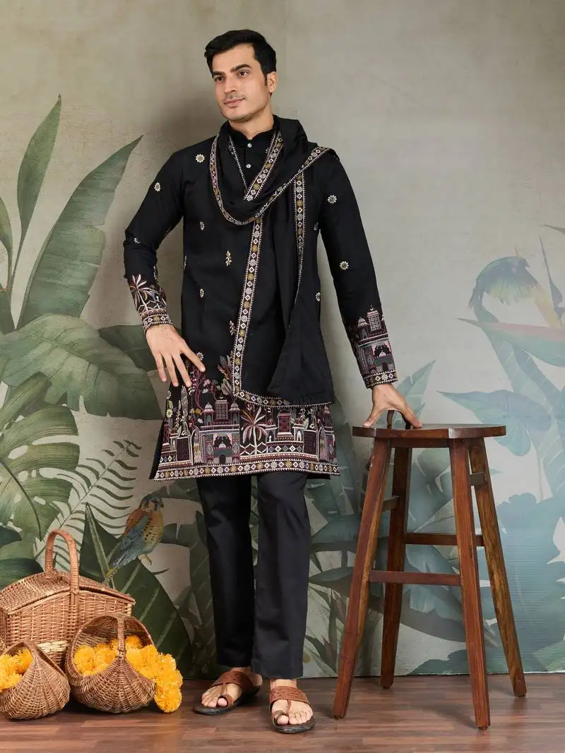 Black viscose silk thead with sequins embroidered work wedding function festival party wear straight kurta with dupatta