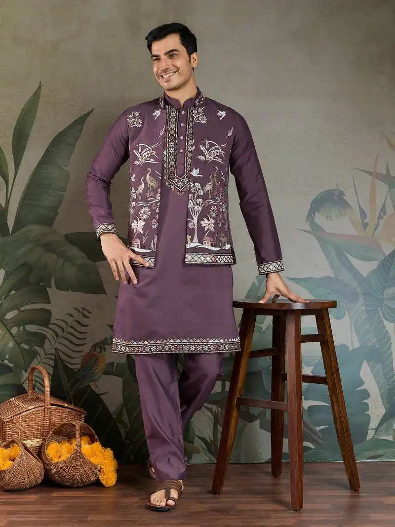 Purple viscose silk thead with sequins embroidered work wedding function festival party wear straight kurta pant koti