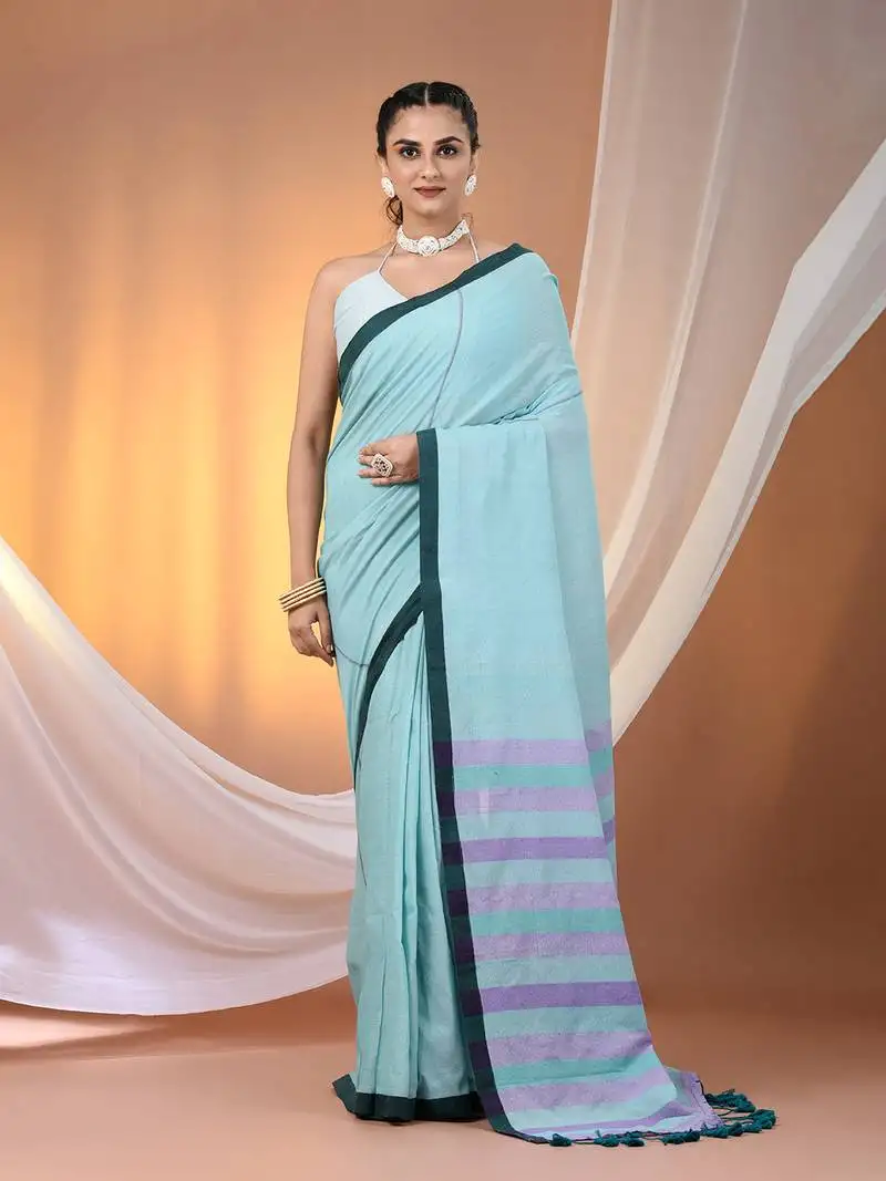 Sea green cotton soft saree with stripe pallu