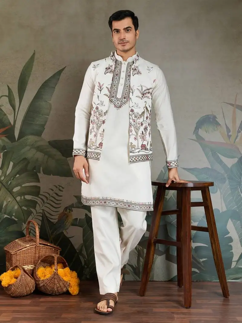 White viscose silk thead with sequins embroidered work wedding function festival party wear straight kurta pant koti