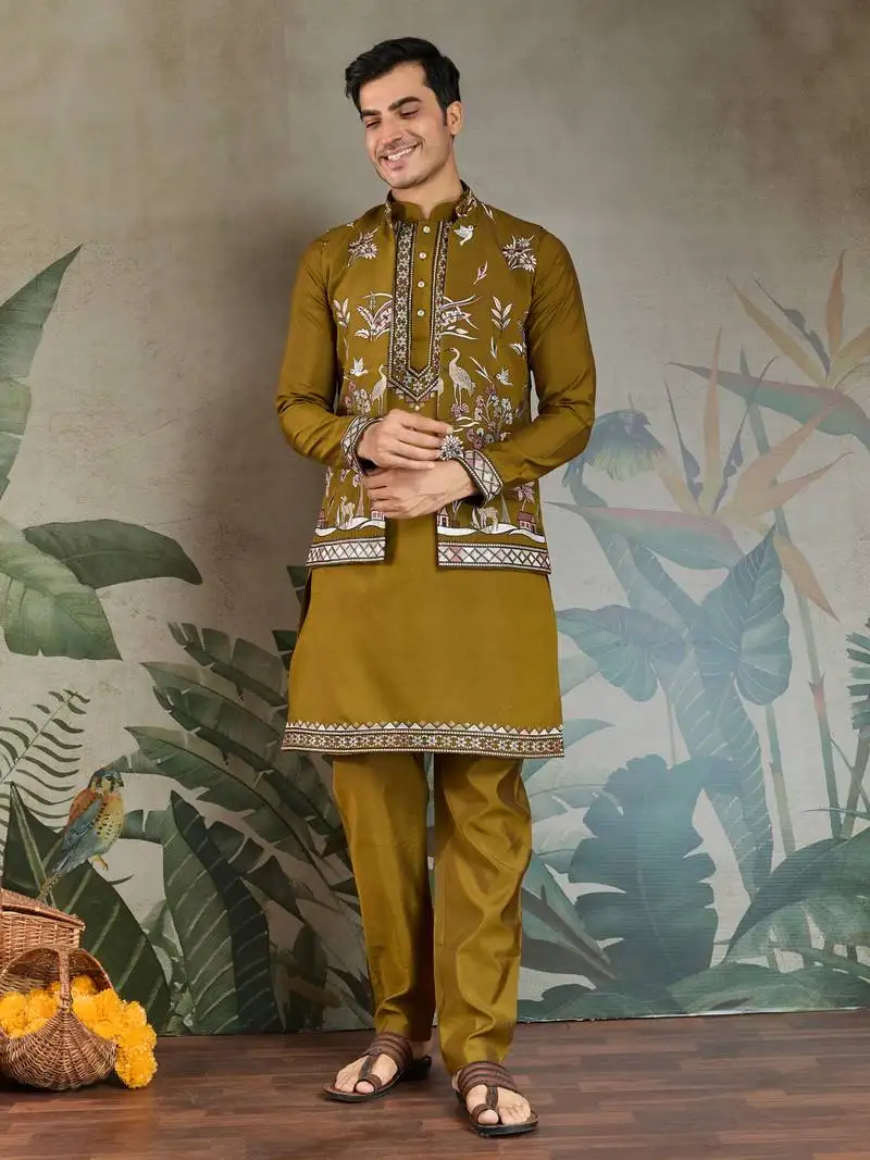 Olive viscose silk thead with sequins embroidered work wedding function festival party wear straight kurta pant koti
