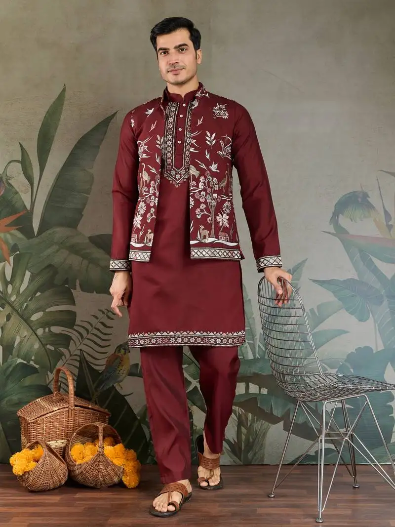 Maroon viscose silk thead with sequins embroidered work wedding function festival party wear straight kurta pant koti