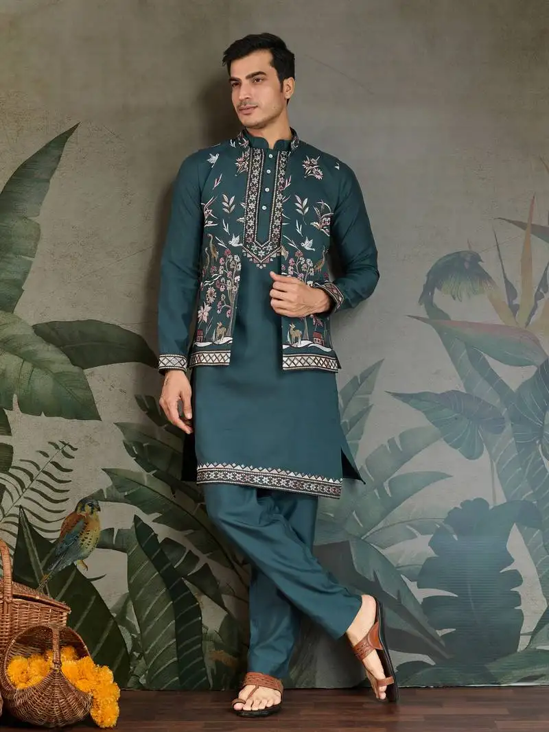 Teal green viscose silk thead with sequins embroidered work wedding festival party wear straight kurta pant koti
