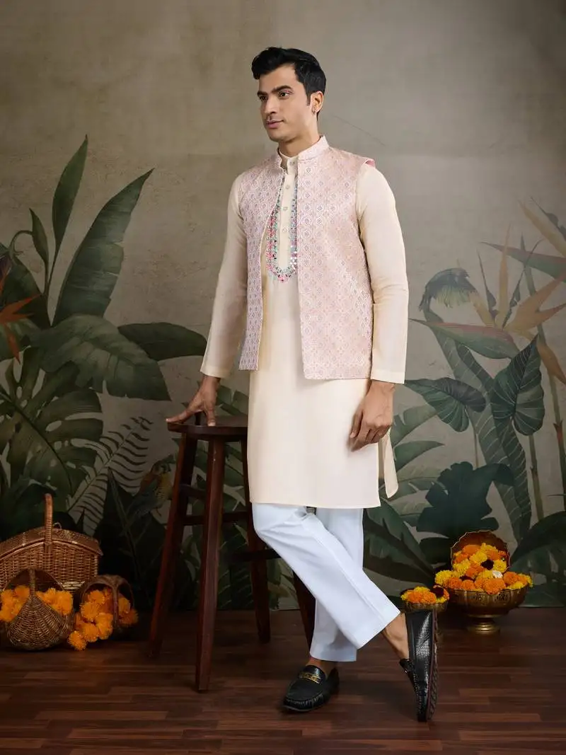 Off white viscose silk jacquard with sequins embroidered work wedding festival party wear straight kurta with jacket