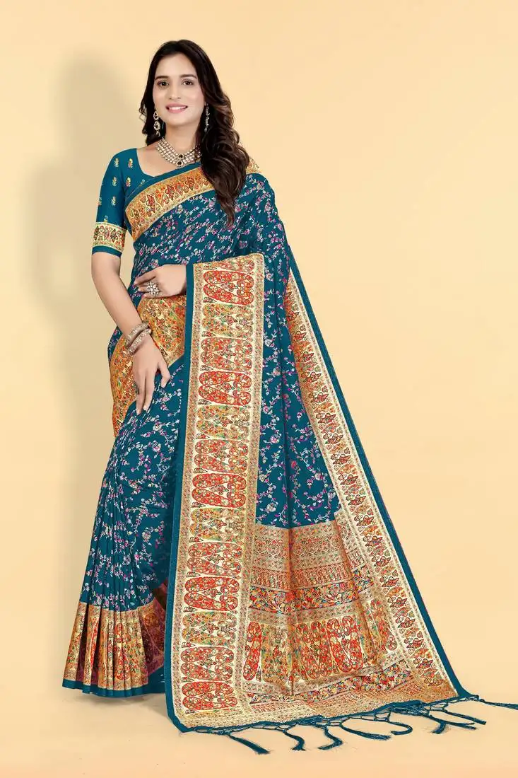 Teal blue floral woven banarasi silk blend saree