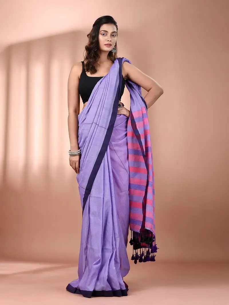 Lavender cotton soft saree with stripe pallu