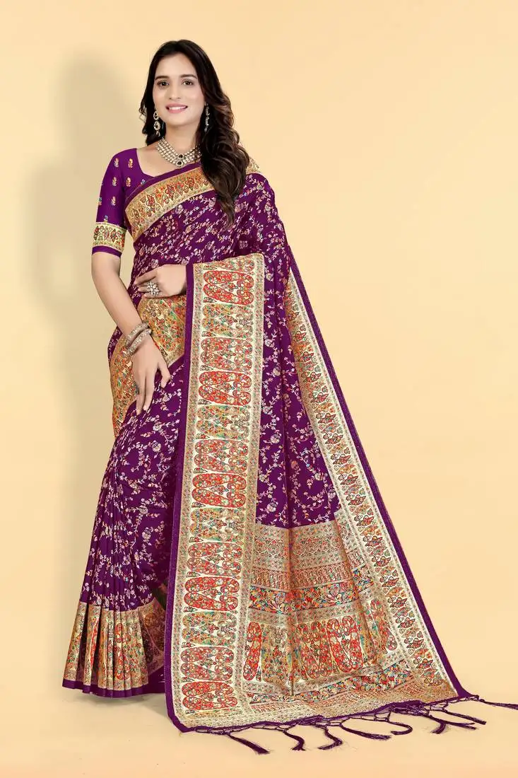 Rani pink banarasi silk blend saree with rich boarder pallu