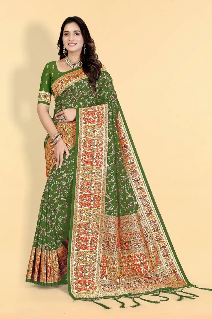 Parrot green banarasi silk blend saree with designer pallu