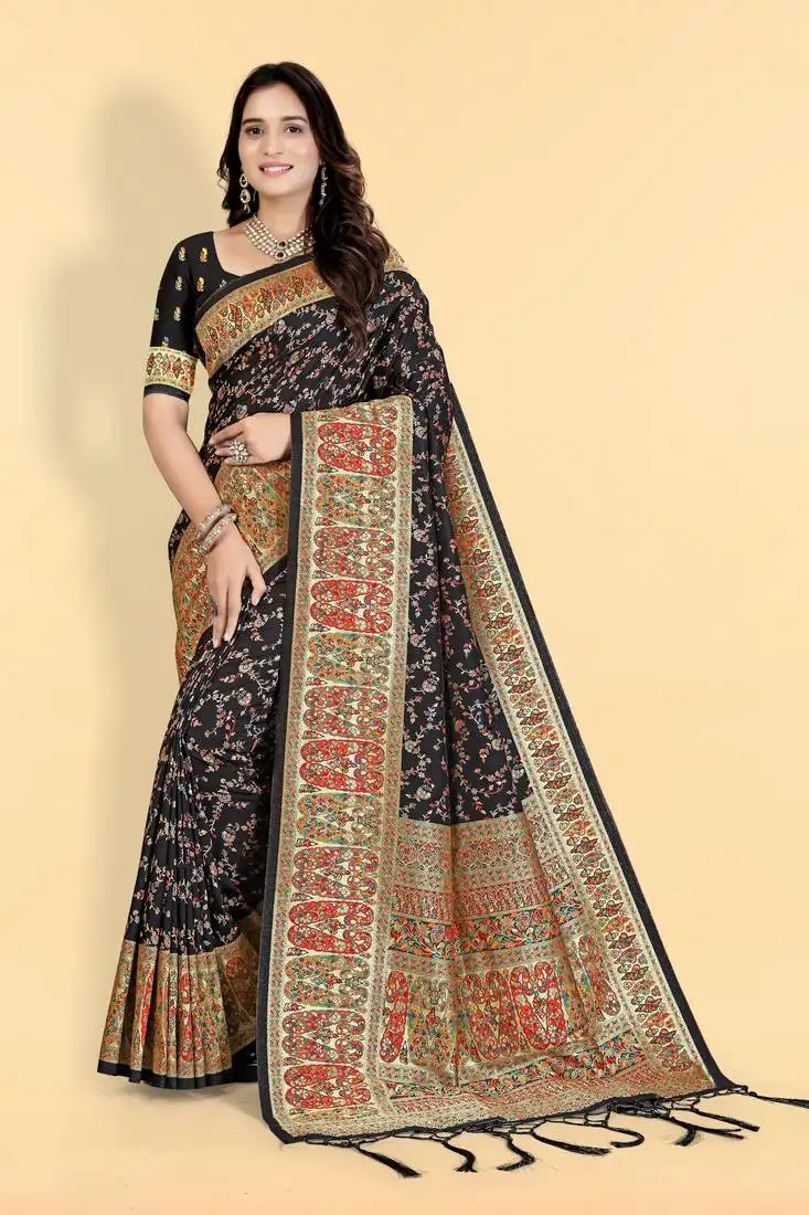 Black banarasi silk blend saree with intricate kalamkari design