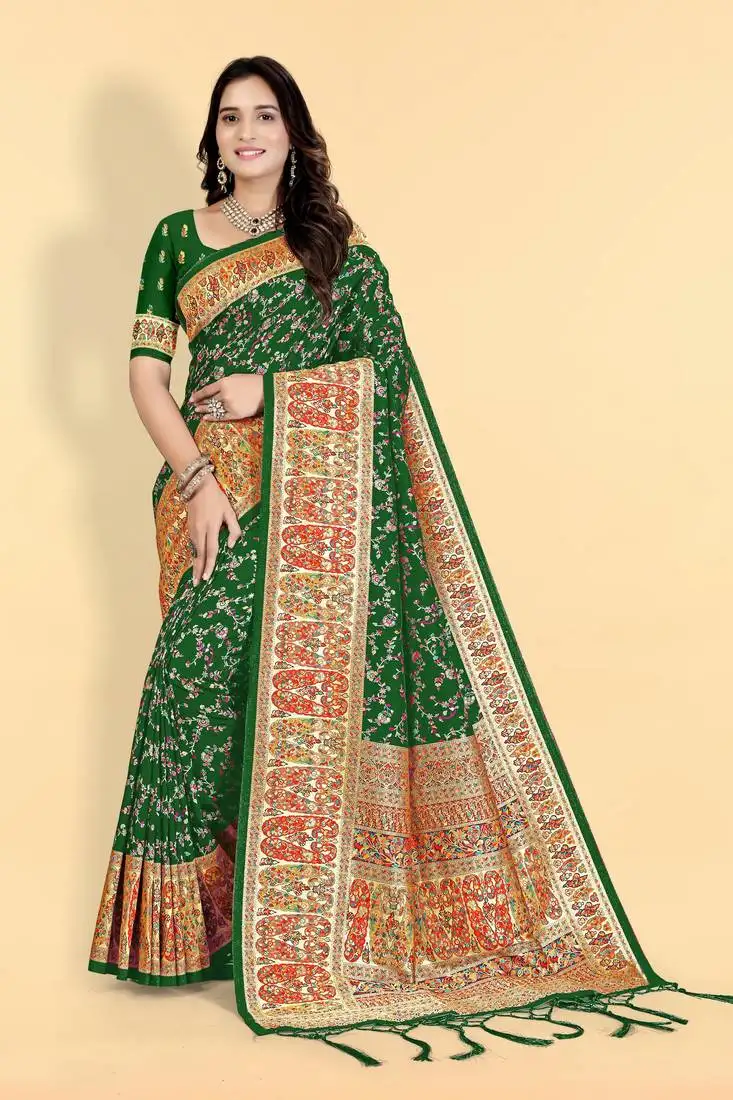 Green banarasi silk blend saree with ornate pallu and blouse