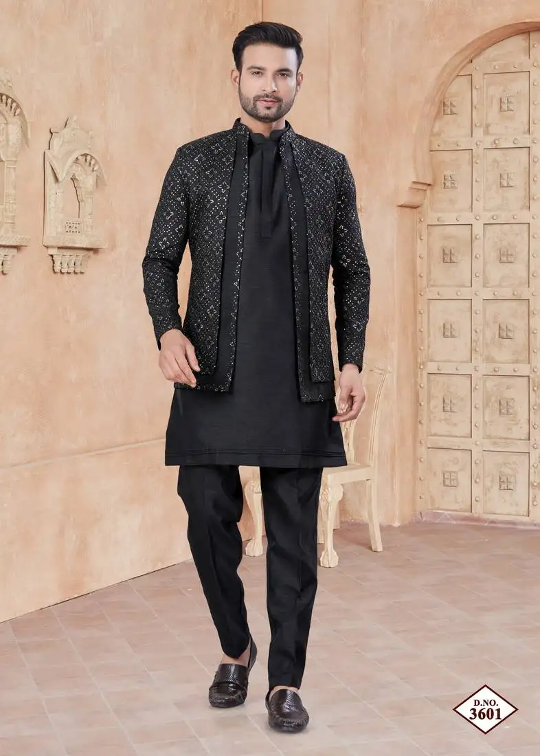 Black pure silk with embroidery and sequence work indo western for mens wear