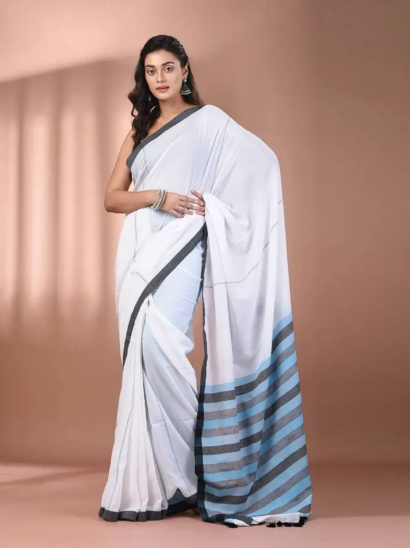 White cotton soft saree with stripe pallu