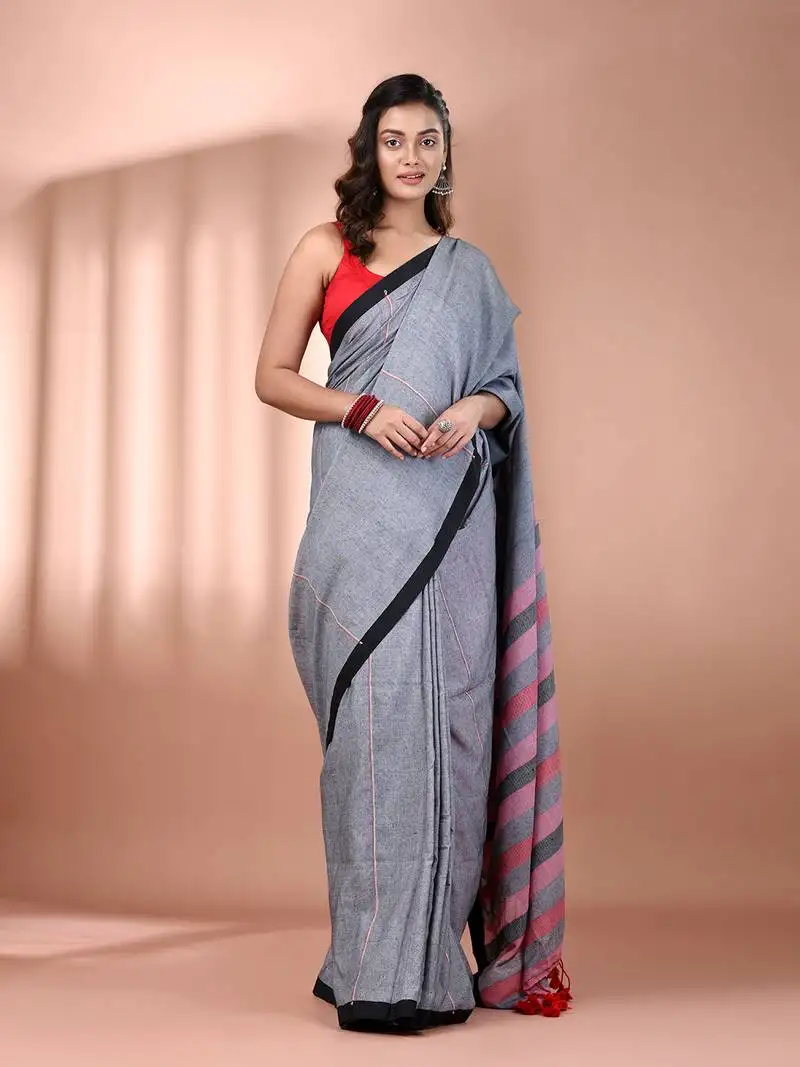Grey cotton soft saree with stripe pallu