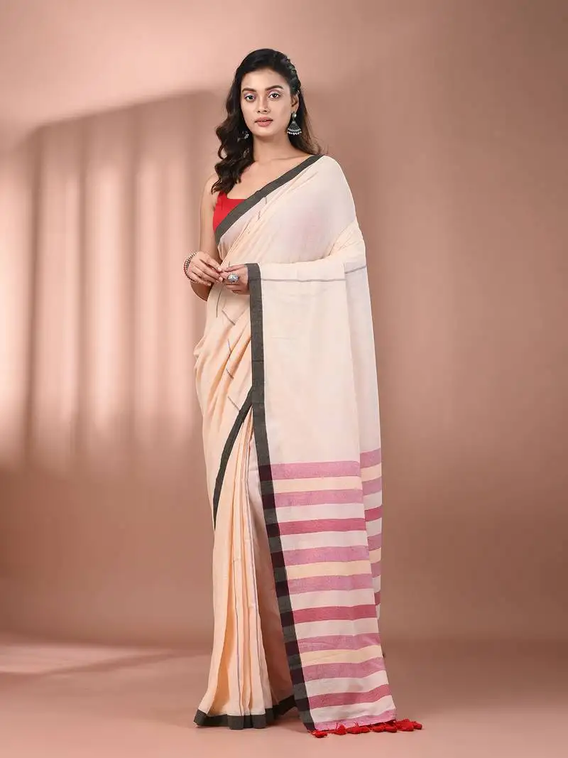 Cream cotton soft saree with stripe pallu