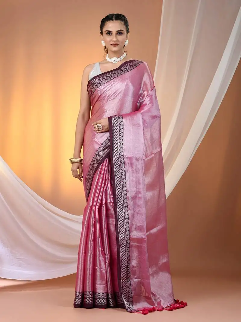 Pink shimmer tissue saree with nakshi borders