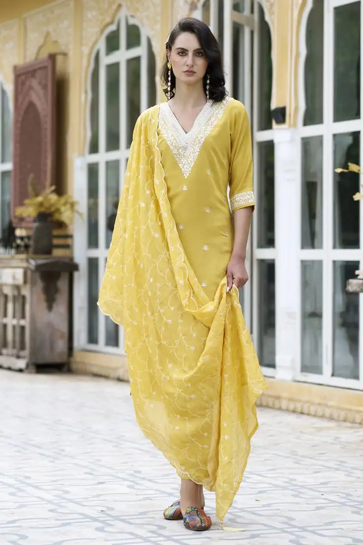 Yellow embroidered silk blend kurta sets