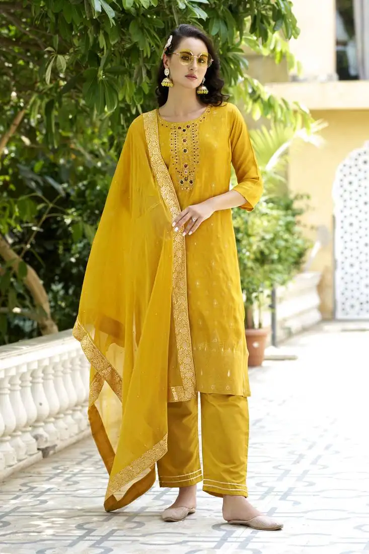 Yellow embroidered viscose rayon silk kurta sets