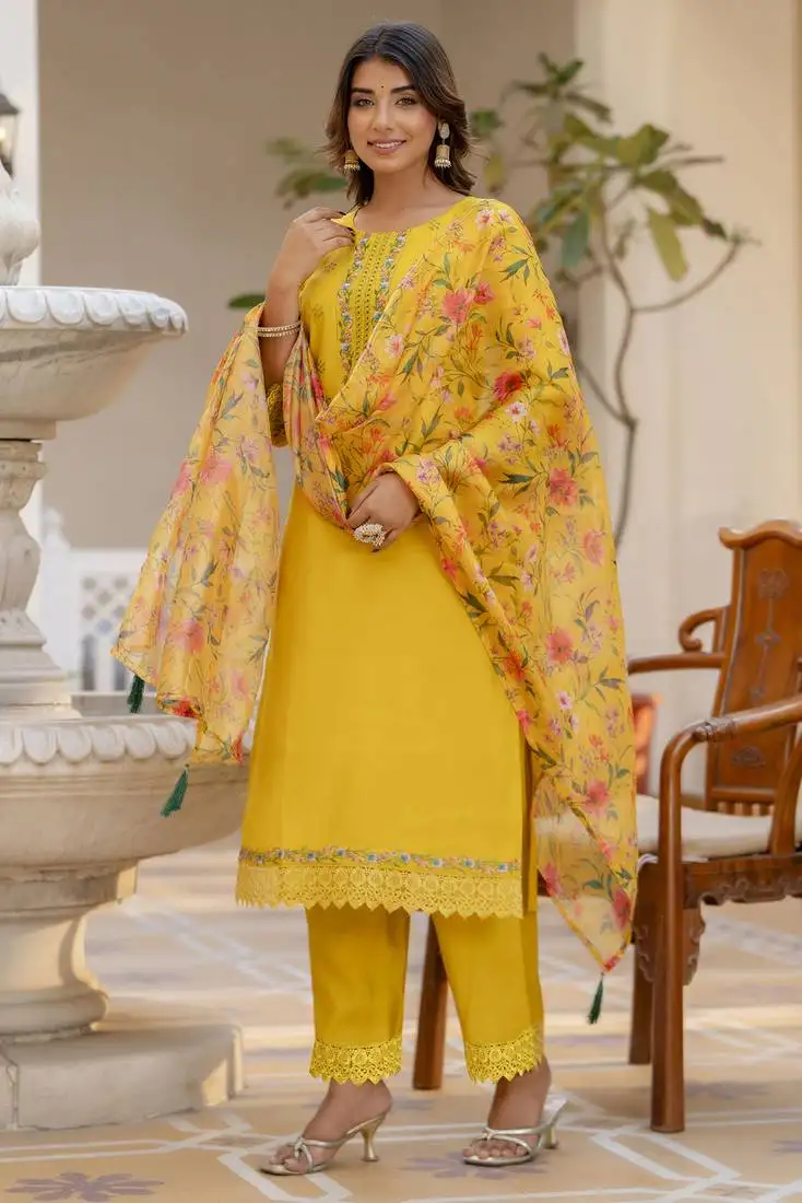 Yellow embroidered viscose rayon kurta sets