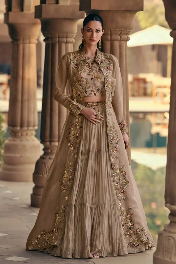 Fawn embroidery and sequins chinnon silk lehenga bloue with jacket full stitched