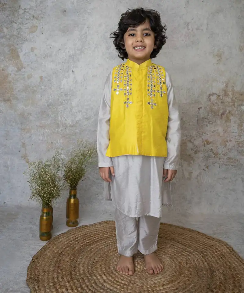 Yellow cotton hand woven traditional bandhgala set