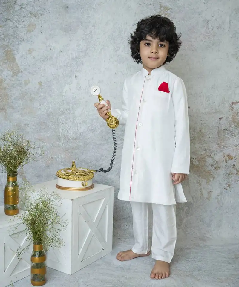 White cotton hand woven traditional sherwani with contrast detailing