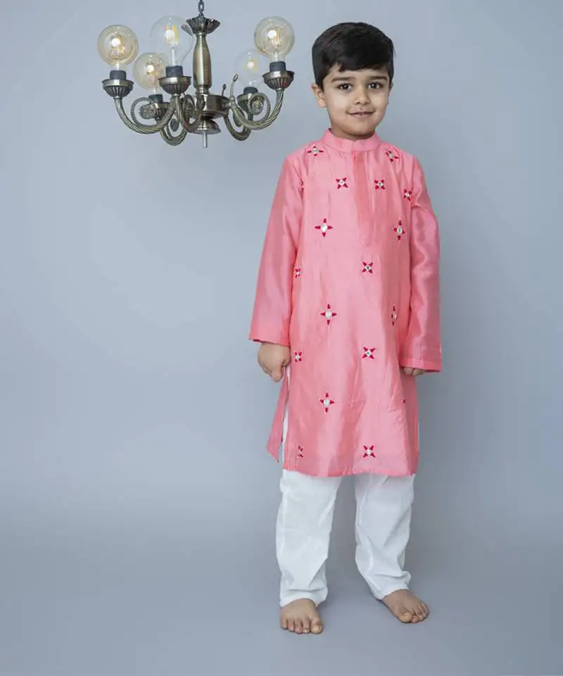 Pink cotton hand woven traditional kurta set