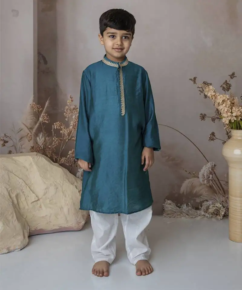 Blue cotton hand woven traditional kurta set