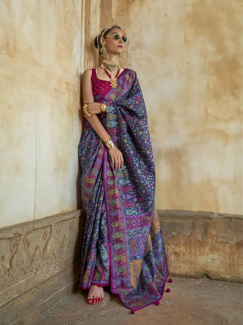 Blue poly viscose silk floral printed pashmina saree with paisley design border