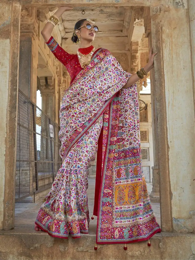 White poly viscose silk floral printed pashmina saree with paisley design border