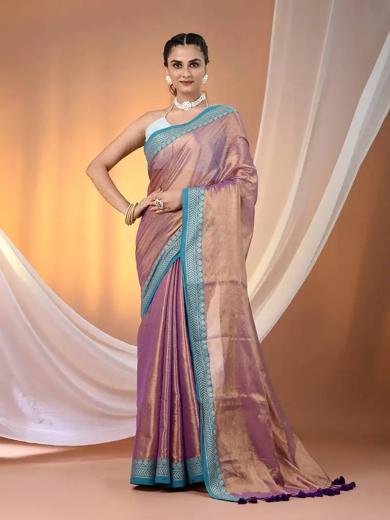 Violet shimmer tissue saree with nakshi borders