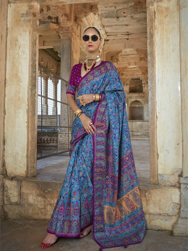 Royal blue poly viscose silk floral printed pashmina saree with paisley design border