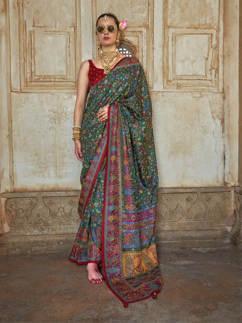 Dark green poly viscose silk floral printed pashmina saree with paisley design border